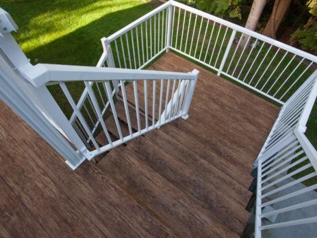 FINISHED DECK AND DECK STAIRS WITH TUFDEK DESIGNER BIRCH VINYL PLANK FLOORING