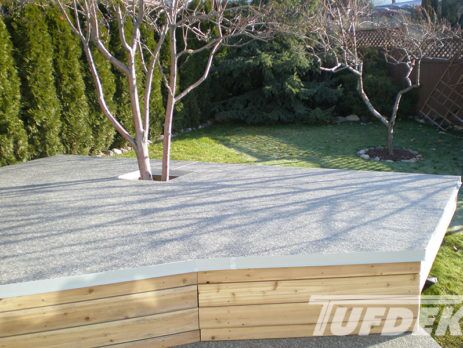 Flat wooden deck built built around a young tree