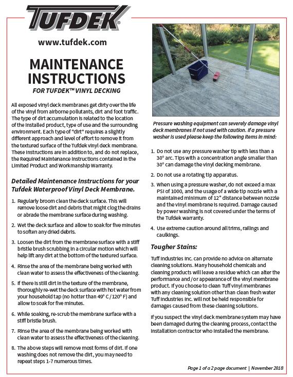 Vinyl deck flooring maintenance instructions by Tufdek