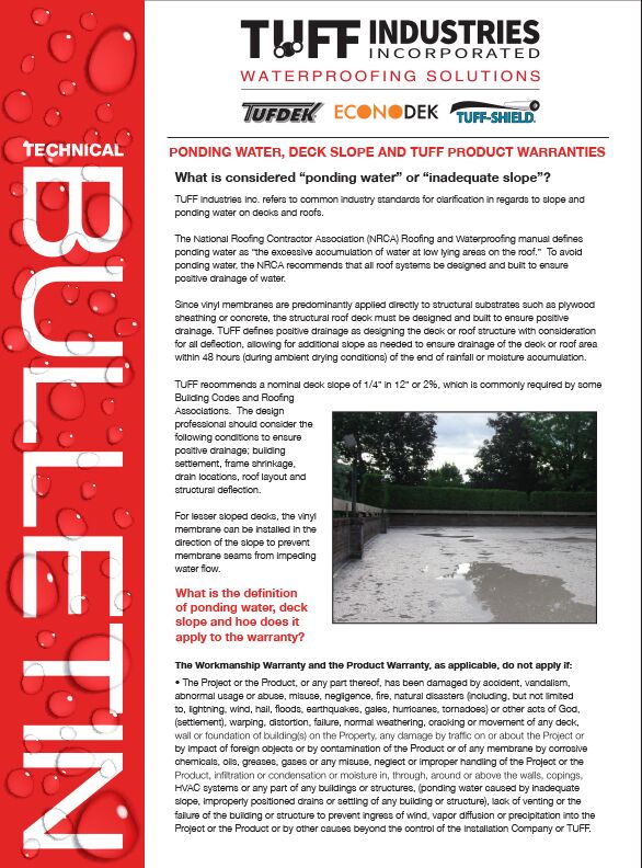 Tuff Industries bulletin discussing "inadequate deck slope."