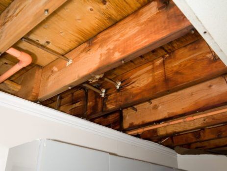Photo showing water damage under wooden deck