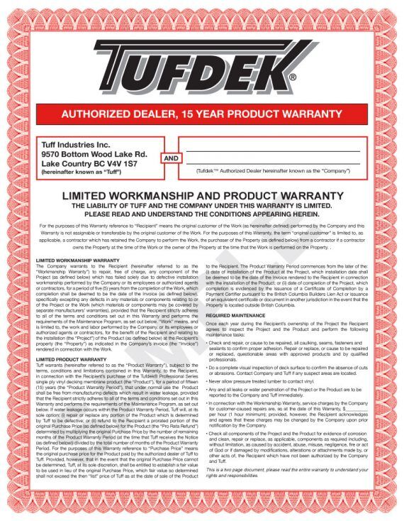 Tufdek Warranties & Maintenance info sheet