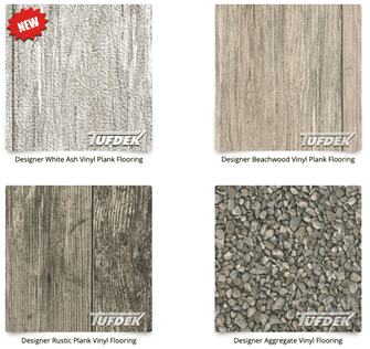 Four examples of Tufdek vinyl decking colors and patterns form their Designer Series.