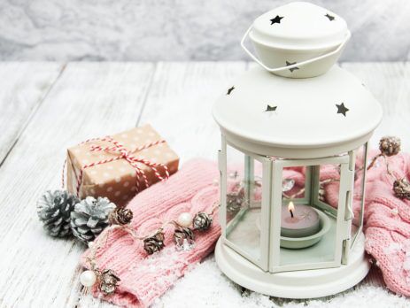 CANDLE LANTERN with scarf, pine cones, present and snow